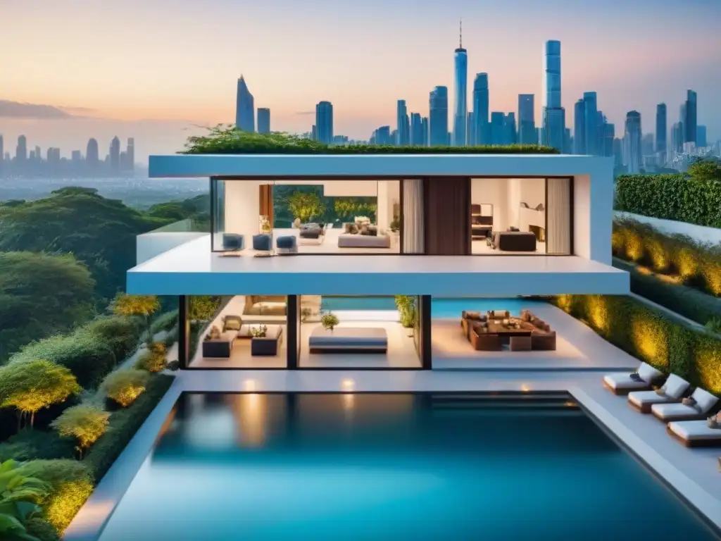Mansión de lujo con piscina y vista a la ciudad Residencia de lujo rodeada de vegetación, piscina y vista panorámica de la ciudad