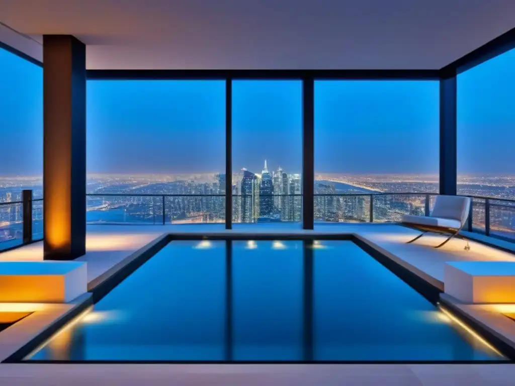 Residencia de lujo con ventanales panorámicos, muebles contemporáneos y piscina infinita en terraza privada