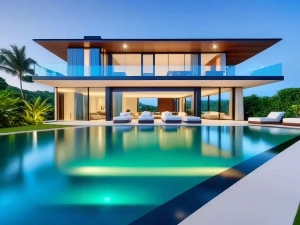 Residencia de lujo con piscina infinita rodeada de naturaleza Residencia de lujo con ventanales y piscina infinita, rodeada de exuberante vegetación y cielo azul