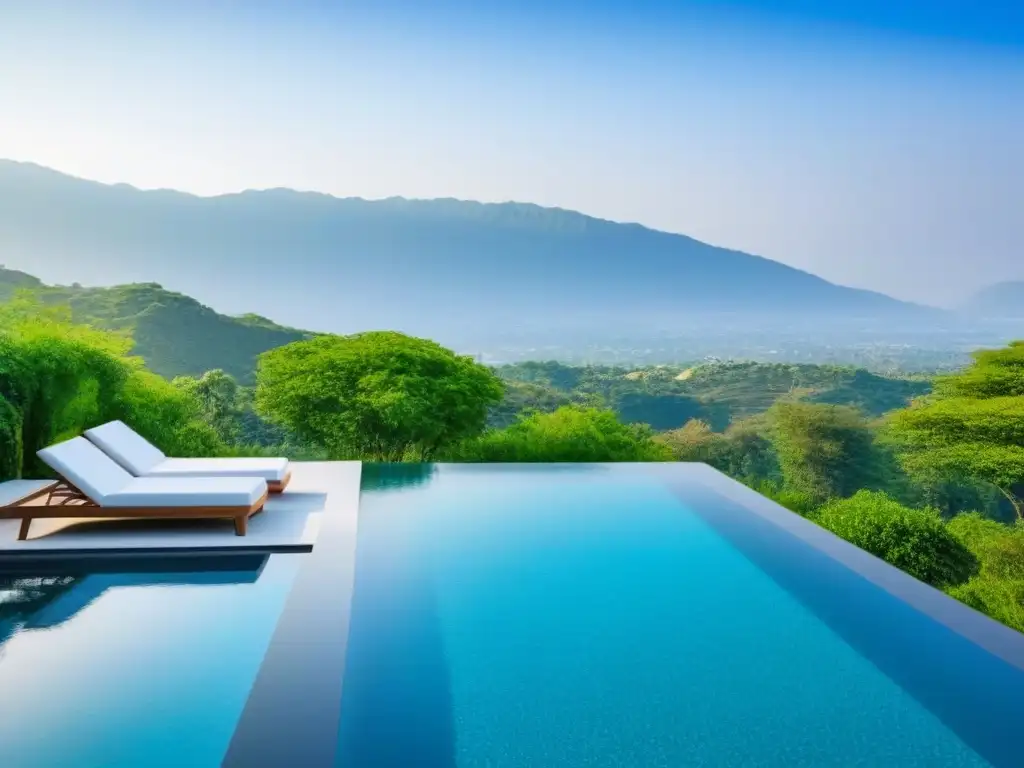 Mansión moderna de lujo con vistas a piscina infinita y montañas Residencia de lujo con ventanales, piscina infinita, montañas y cielo azul
