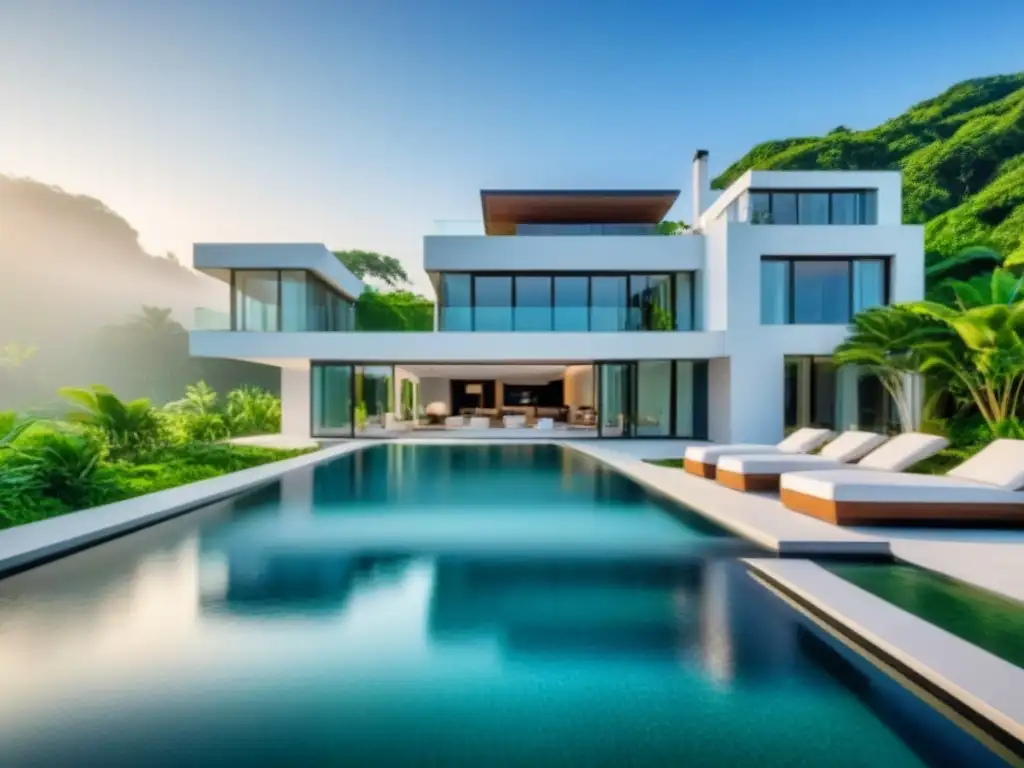 Residencia de lujo: ventanales, piscina infinita y exuberante naturaleza Residencia de lujo con ventanales, piscina infinita y exuberante vegetación