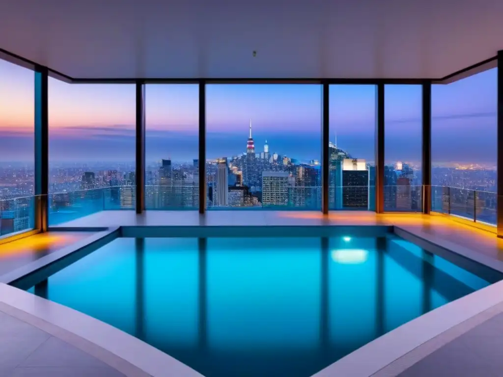 Propiedad de lujo: vista panorámica de ciudad al atardecer Residencia de lujo con ventanales de piso a techo y piscina en la terraza, vista de la ciudad al atardecer