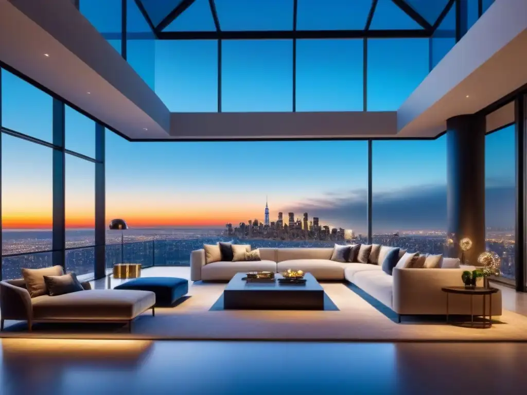 Penthouse de lujo con vista panorámica al atardecer Residencia de lujo con vista a la ciudad al atardecer, diseño elegante y terraza privada