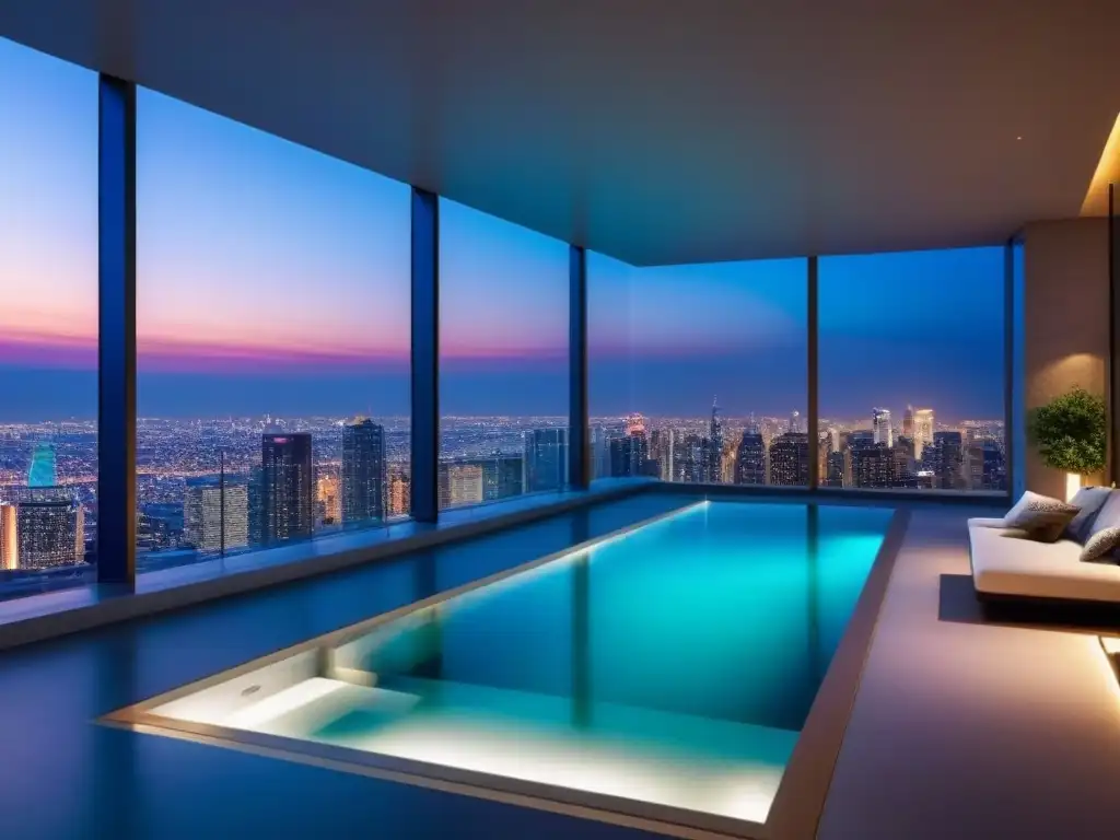 Penthouse de lujo con piscina infinita y vistas panorámicas al atardecer Residencia de lujo con vista a la ciudad al anochecer, ventanales, muebles contemporáneos, terraza con piscina infinita