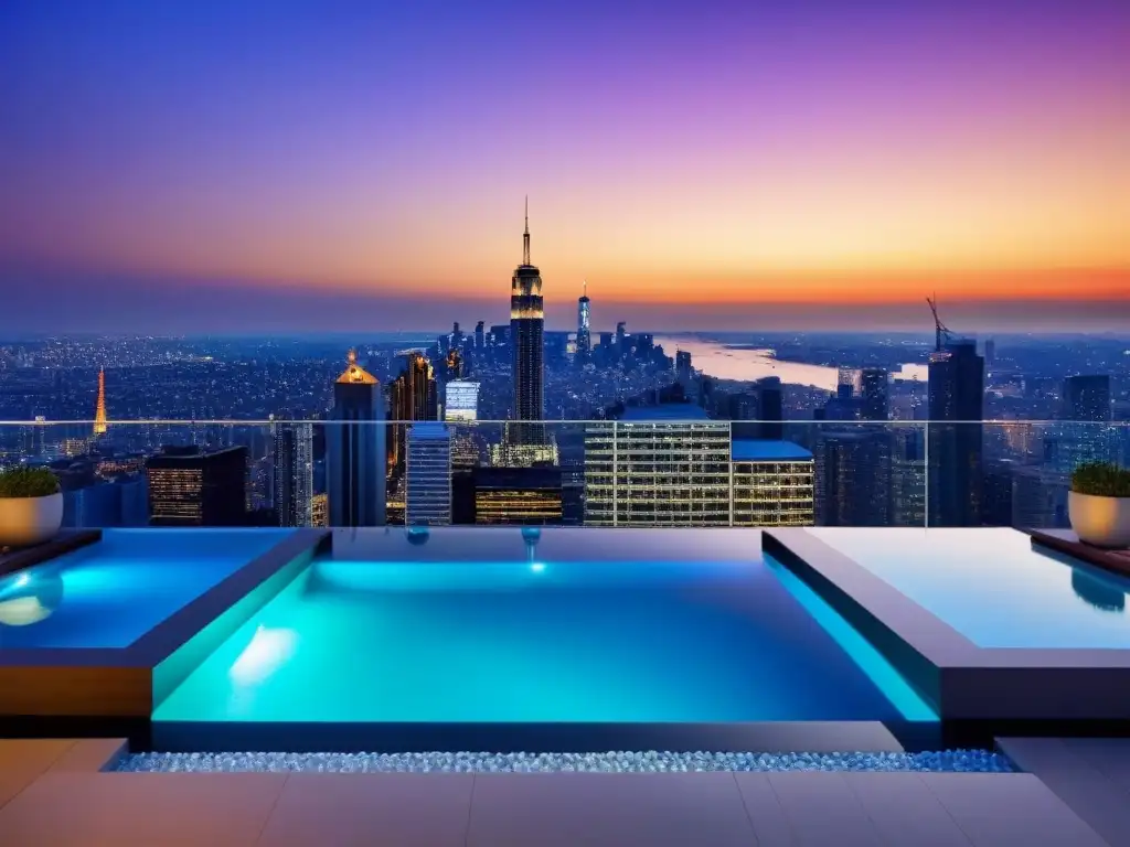 Penthouse de lujo con piscina infinita y vistas panorámicas al atardecer Residencia de lujo con vista a la ciudad al atardecer y piscina infinita privada