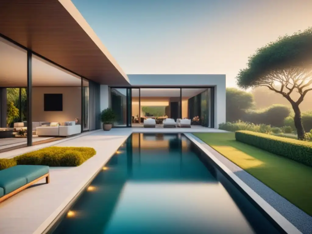 Residencia de lujo moderna con jardín exuberante en 8k Residencia de lujo con vista a jardín exuberante y piscina infinita, reflejando refinanciamiento de lujo beneficios