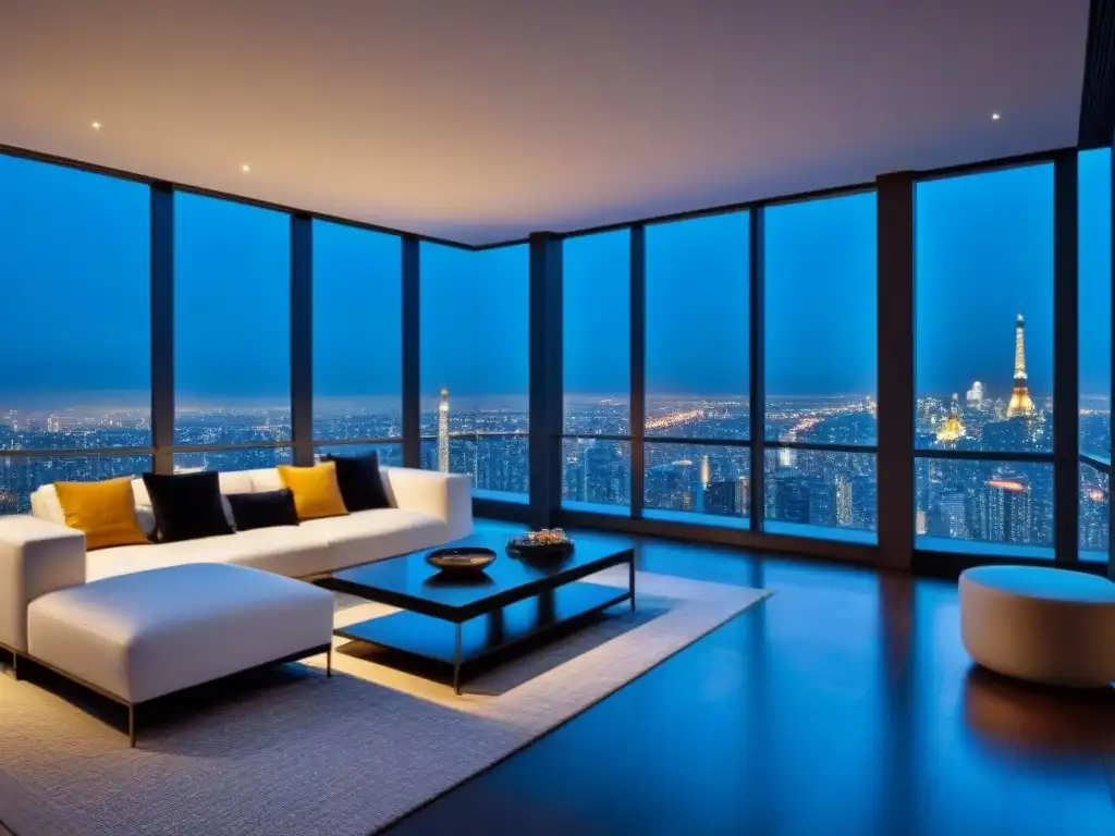 Penthouse de lujo con vistas nocturnas a la ciudad Residencia de lujo con vista nocturna de la ciudad desde un penthouse moderno, exudando elegancia y sofisticación