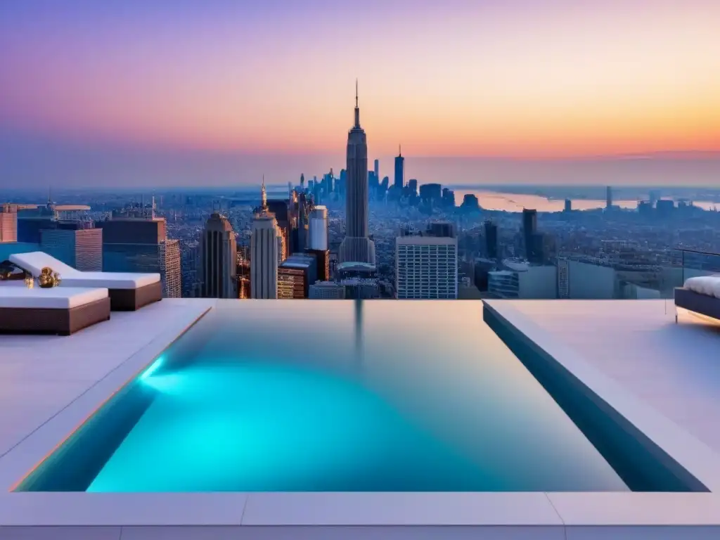 Penthouse de lujo con vista panorámica a la ciudad Residencia de lujo con vista panorámica de la ciudad, decoración elegante y terraza con piscina privada al atardecer