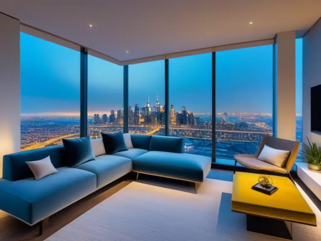 Penthouse de lujo con vista panorámica a la ciudad y diseño contemporáneo Residencia de lujo con vista panorámica a la ciudad, decoración elegante y moderna