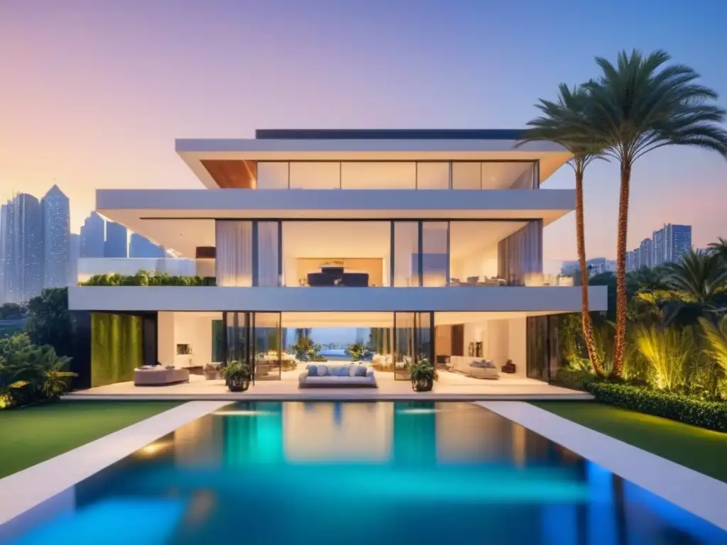 Residencia de lujo con vista panorámica a la ciudad Residencia lujosa con diseño arquitectónico moderno, piscina infinita y paisajismo exuberante, bañada por la luz del atardecer