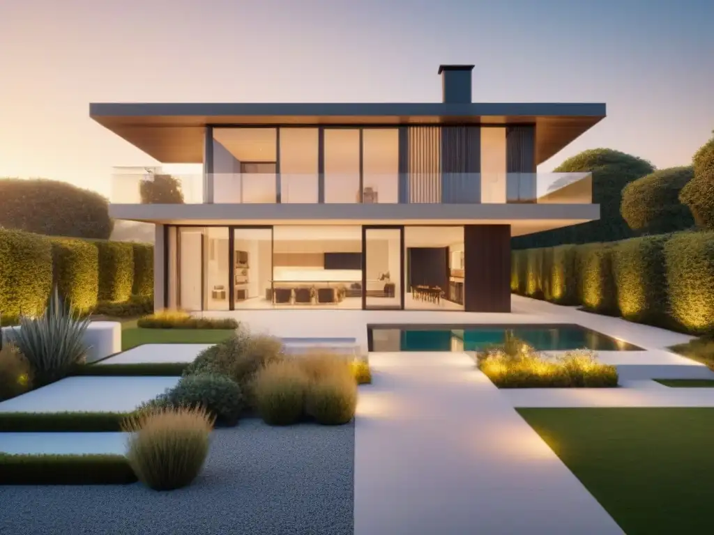Casa moderna de ensueño: 8k de detalle y luminosa atmósfera dorada Residencia moderna bañada por la luz dorada del atardecer, con jardín y ventanales