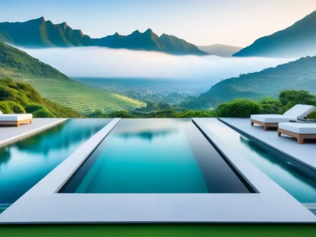 Residencia de lujo: arquitectura moderna en paisaje montañoso Residencia moderna de lujo con vistas a montañas, piscina infinita y vegetación exuberante