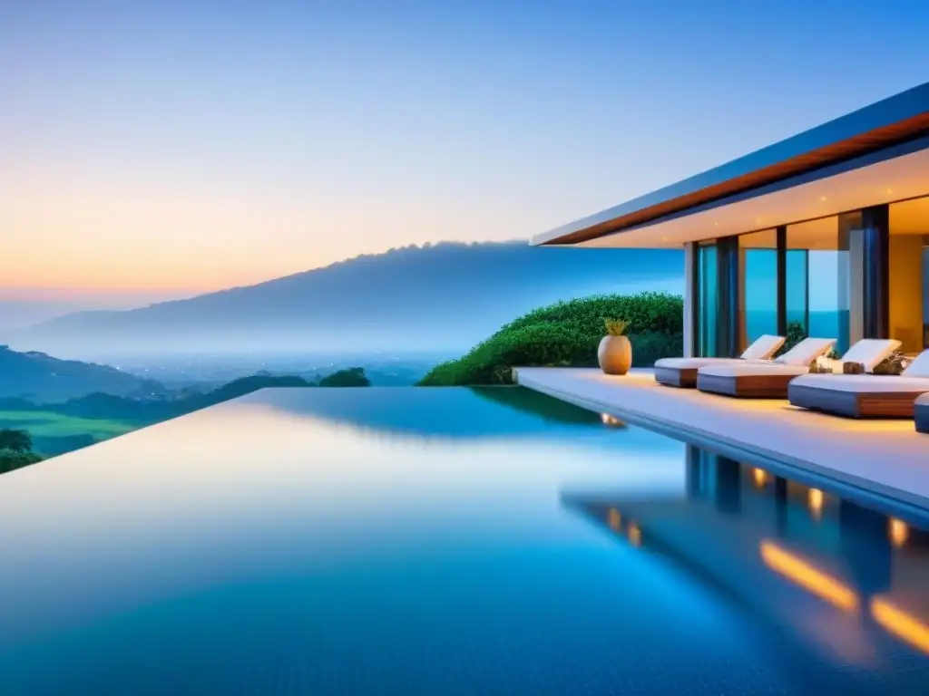 Residencia de lujo con piscina infinita y vistas panorámicas Residencia moderna de lujo con vistas a piscina infinita y jardines verdes, rodeada de colinas y cielo azul