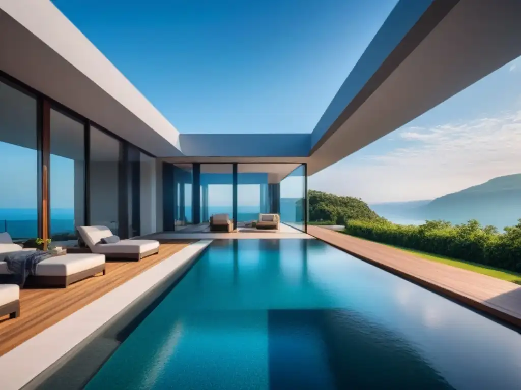 Residencia moderna de lujo entre la exuberante naturaleza Residencia moderna lujosa con arquitectura elegante rodeada de exuberante vegetación y una impresionante piscina infinita, bajo un cielo azul