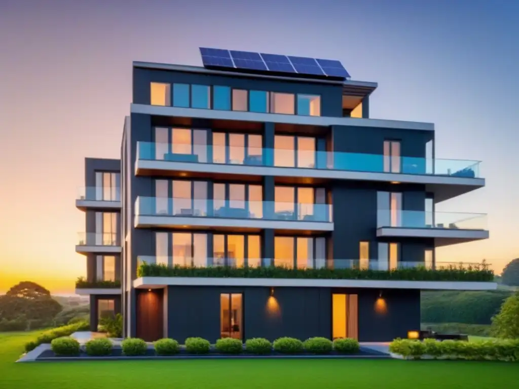 Edificio residencial moderno con paneles solares al atardecer Residencia moderna con paneles solares, ventanas eficientes y paisajismo verde, iluminada por el sol al atardecer