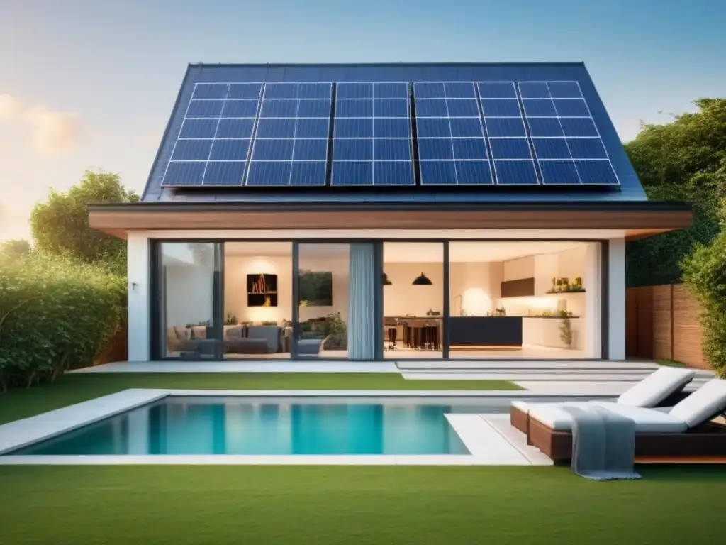Propiedad residencial moderna con paneles solares, lujo y sostenibilidad Residencia moderna con paneles solares rodeada de vegetación, bajo cielo azul
