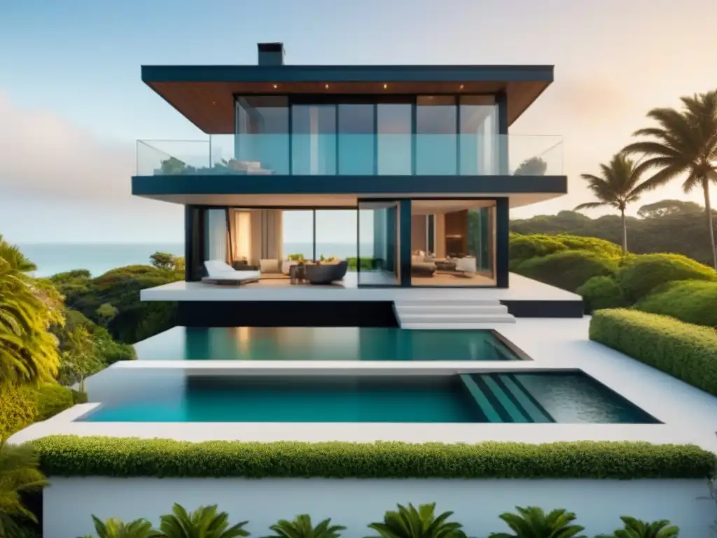 Casa de playa de lujo: diseño moderno con vistas al mar y piscina Residencia de playa moderna con ventanales al mar, piscina y vegetación exuberante alrededor