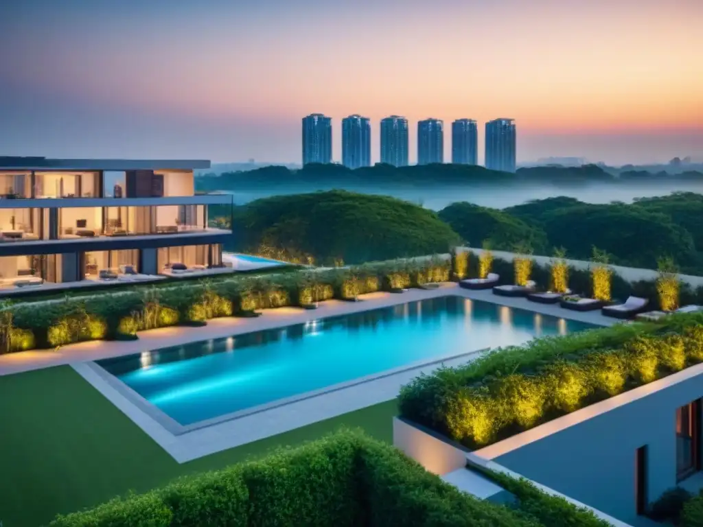 Residencial de lujo con impactante diseño arquitectónico en entorno natural exuberante al atardecer