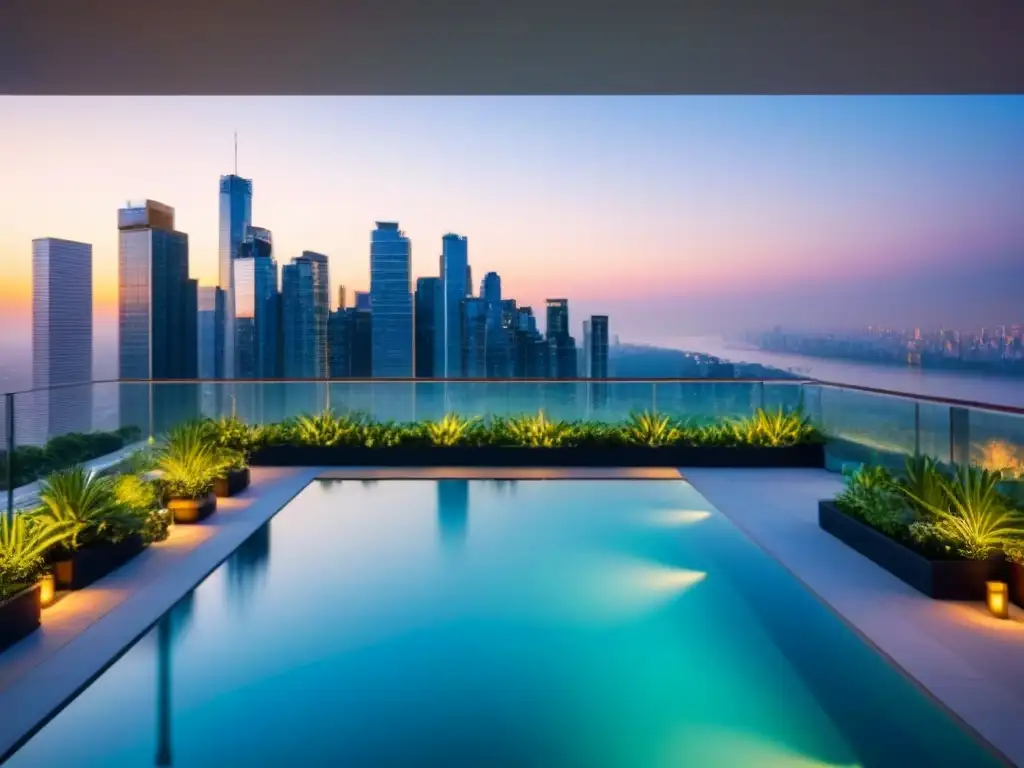 Edificio de lujo con diseño moderno y vistas impresionantes al atardecer Residencial de lujo con ventanales y piscina infinity, rodeado de vegetación, reflejando la ciudad al atardecer