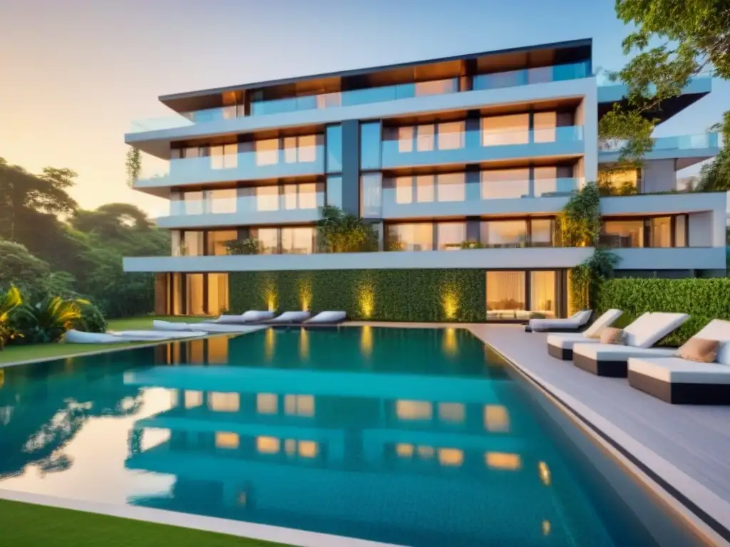 Edificio de lujo: moderno, elegante y rodeado de naturaleza exuberante Residencial moderno de lujo con exteriores de vidrio, rodeado de vegetación exuberante y piscina
