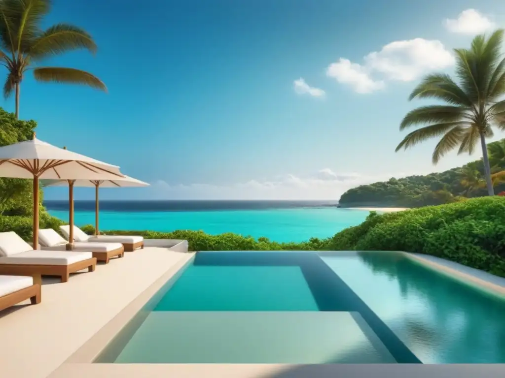 Resort de lujo frente al mar: diseño moderno y exclusividad Resort de lujo frente a la playa con diseño moderno y paisajismo tropical exuberante
