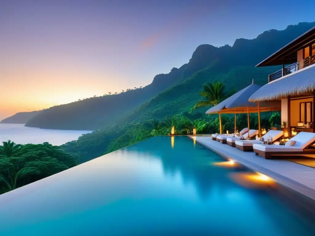 Resort de lujo con piscina infinita y atardecer dorado Resort de lujo entre montañas verdes con piscina infinita y vista al mar al atardecer, ideal para inversiones inmobiliarias en resorts