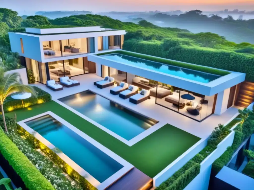 Propiedad de lujo al atardecer: arquitectura moderna rodeada de exuberante vegetación y piscina reluciente Resplandeciente complejo de lujo con arquitectura moderna y exuberante vegetación, ideal para Marketing Multicanal Propiedades Lujo