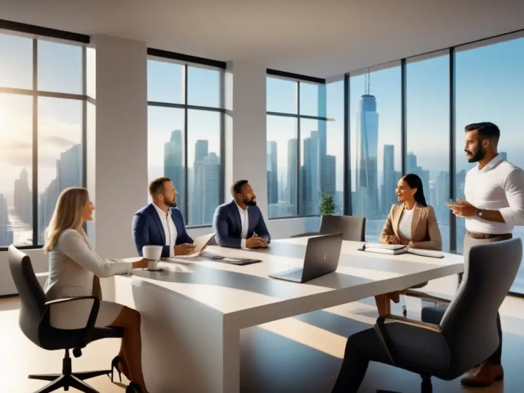 Reunión de agentes inmobiliarios: innovación y colaboración en acción Reunión de agentes inmobiliarios en oficina moderna, discutiendo estrategias con técnicas persuasivas comprador inmobiliario