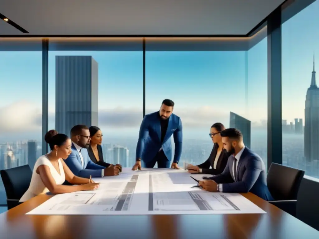 Reunión de arquitectos y desarrolladores inmobiliarios en boardroom ultramoderno Una reunión de arquitectos y desarrolladores inmobiliarios en una sala moderna, enfocados en blueprints y documentos financieros