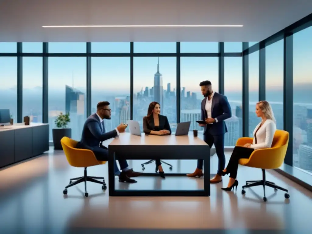 Profesionales innovadores discuten datos financieros inmobiliarios Reunión colaborativa en oficina fintech con profesionales analizando datos de financiamiento inmobiliario