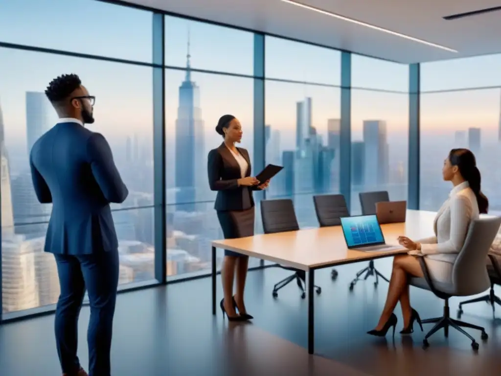 Reunión de profesionales diversa en oficina moderna Reunión colaborativa de profesionales diversos en una oficina moderna, discutiendo estrategias de inversión inmobiliaria
