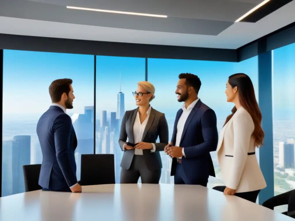 Equipo multicultural innovando estrategias de financiamiento inmobiliario Una reunión colaborativa de profesionales en un moderno espacio de oficina, discutiendo estrategias de financiamiento inmobiliario