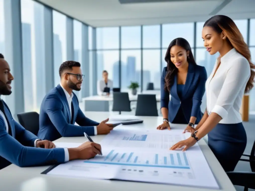 Profesionales diversificados colaboran en oficina moderna Una reunión colaborativa de profesionales en una oficina moderna, discutiendo financiamiento mixto para renovaciones