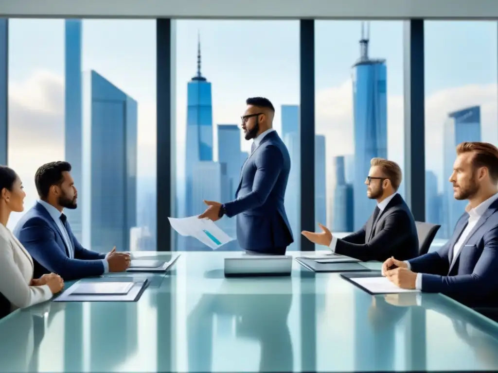 Reunión de profesionales en oficina moderna con vista a la ciudad Reunión colaborativa de profesionales en oficina moderna con vista urbana