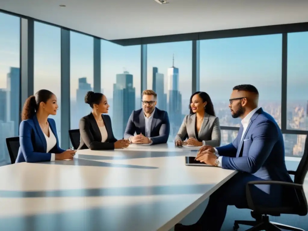 Profesionales inmobiliarios en discusión: modernidad y competencia Una reunión dinámica de profesionales inmobiliarios en una moderna oficina con vista a la ciudad