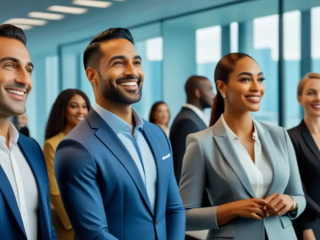 Reunión inclusiva en oficina moderna: diversidad y profesionalismo Una reunión diversa y productiva en una oficina moderna, simbolizando el acceso igualitario al crédito inmobiliario