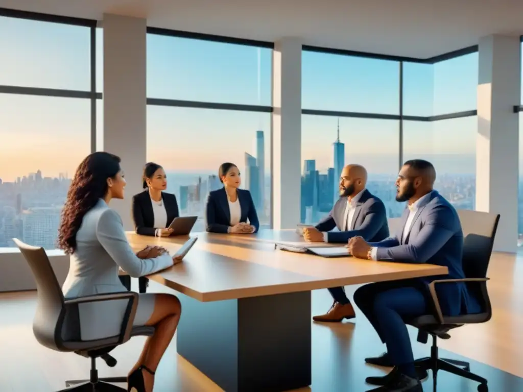 Una reunión diversa y profesional en una moderna sala de conferencias, con una vista impresionante de la ciudad