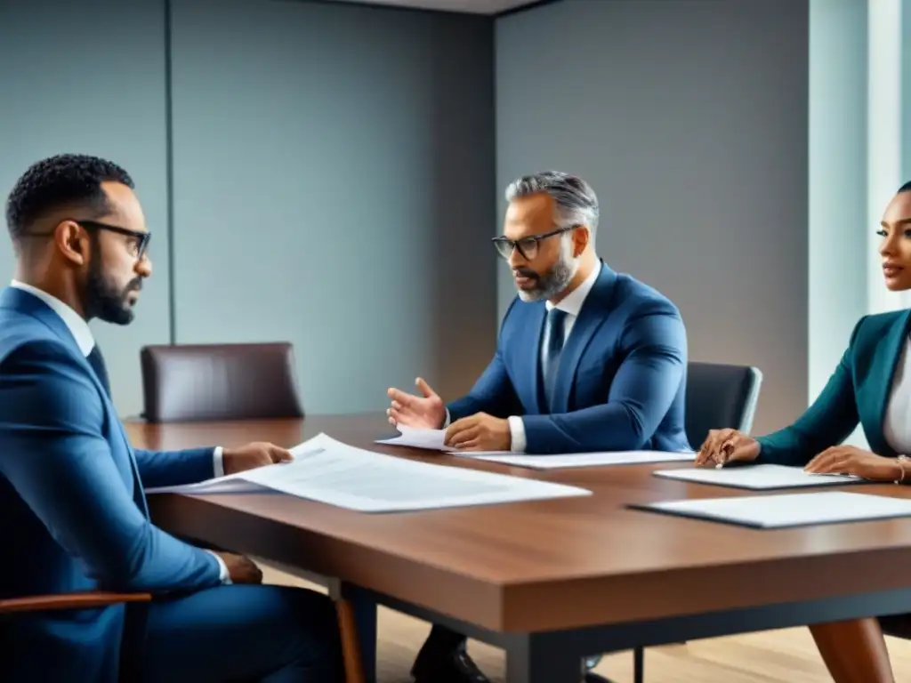 Profesionales diversificados discuten derechos de propiedad Reunión diversa de propietarios en sala moderna, discutiendo sobre proteger inversión ley propiedad horizontal