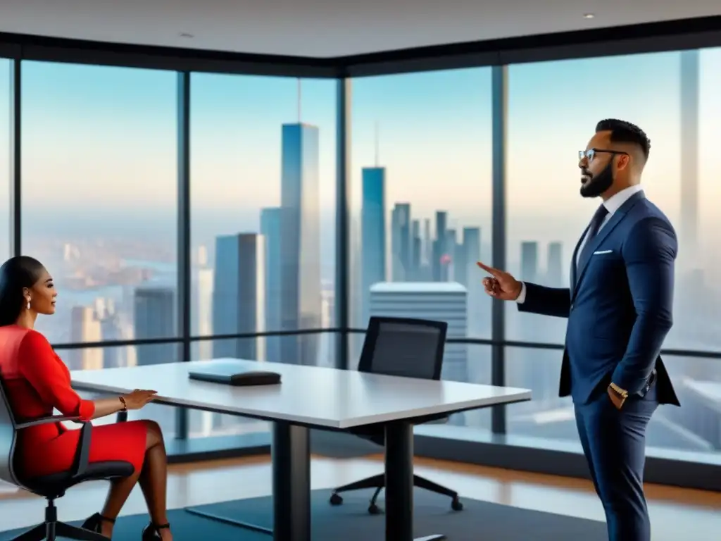 Reunión de inversionistas en oficina moderna Una reunión diversa y vibrante sobre estrategias de inversión inmobiliaria en una oficina moderna con vistas a la ciudad