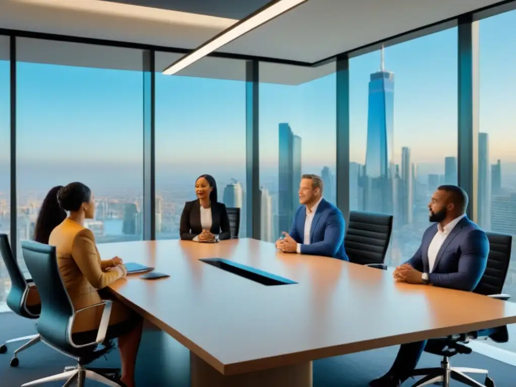 Reunión estratégica en oficina moderna Reunión estratégica de inversionistas inmobiliarios en oficina moderna con vista panorámica a la ciudad