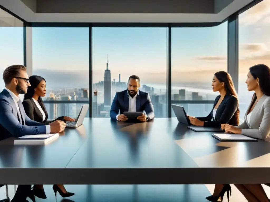 Inversores inmobiliarios en reunión estratégica en boardroom futurista Reunión estratégica de inversores inmobiliarios en sala de juntas con vista a la ciudad