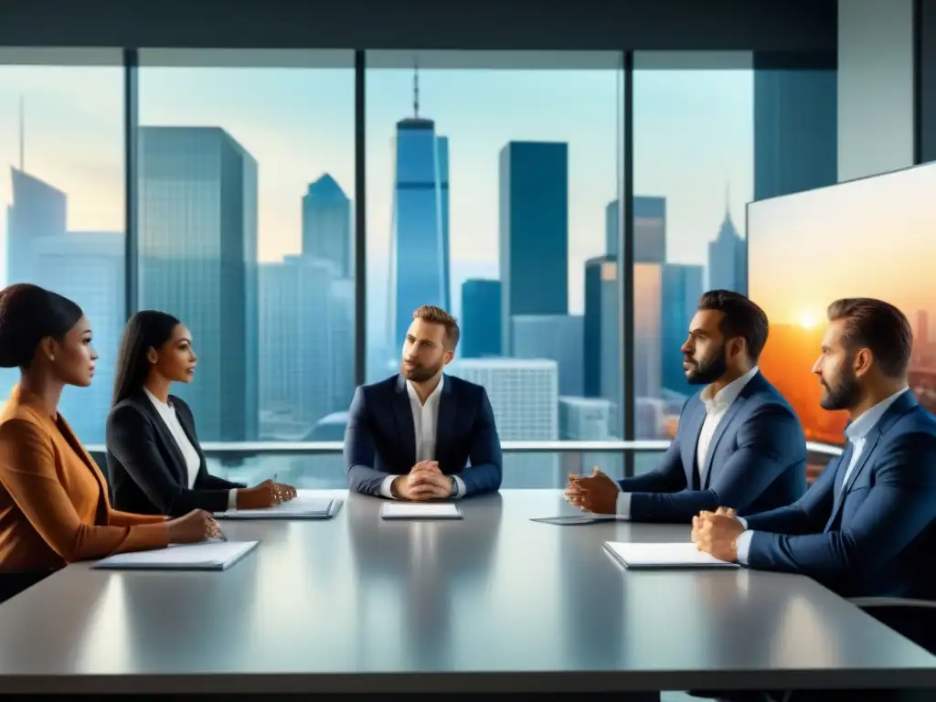Profesionales en reunión estratégica de inversión inmobiliaria Una reunión estratégica en una oficina moderna, profesionales discuten cobertura inversiones inmobiliarias riesgos