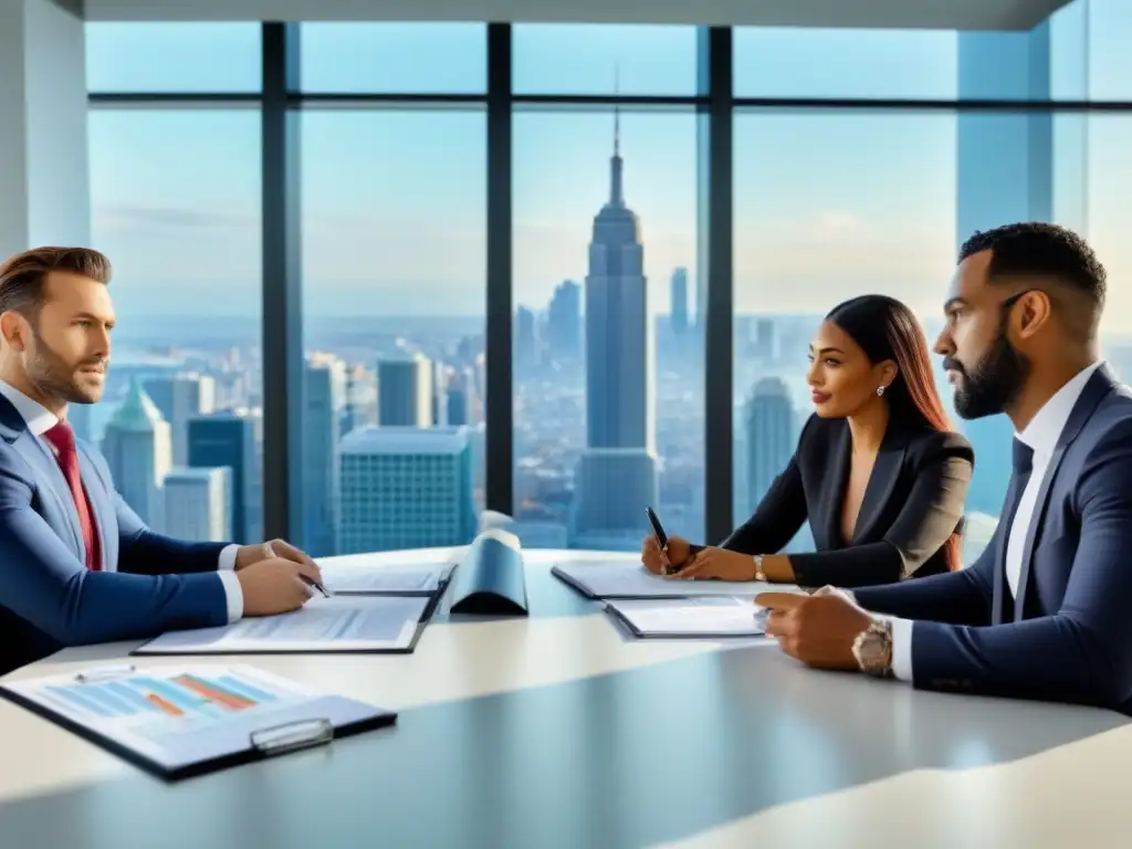 Reunión estratégica de profesionales en oficina moderna Una reunión estratégica de profesionales en una oficina moderna, analizando tendencias impuestos propiedad inversión