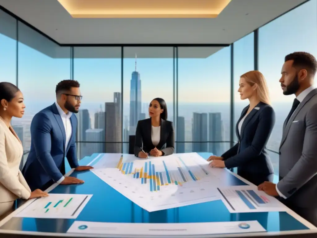 Reunión estratégica de profesionales en inversión inmobiliaria Una reunión estratégica de profesionales en traje de negocios, discutiendo estrategias de blindaje en inversiones inmobiliarias