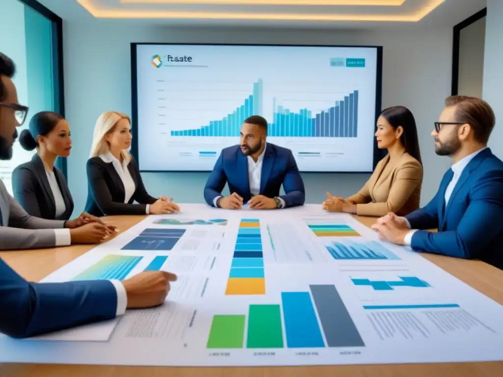 Profesionales analizan inversiones inmobiliarias Reunión estratégica de profesionales en trajes de negocios discutiendo sobre minimización de riesgos en inversiones inmobiliarias