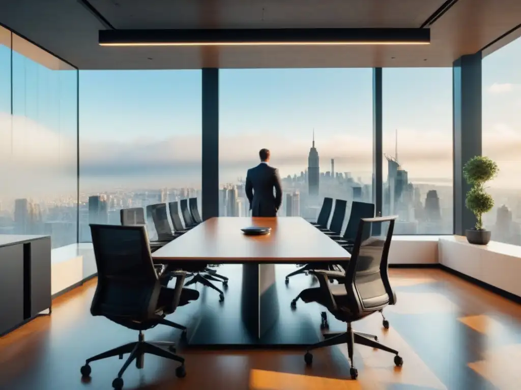 Reunión de éxito en oficina moderna con vista a la ciudad, destacando profesionalismo e innovación en financiamiento inmobiliario