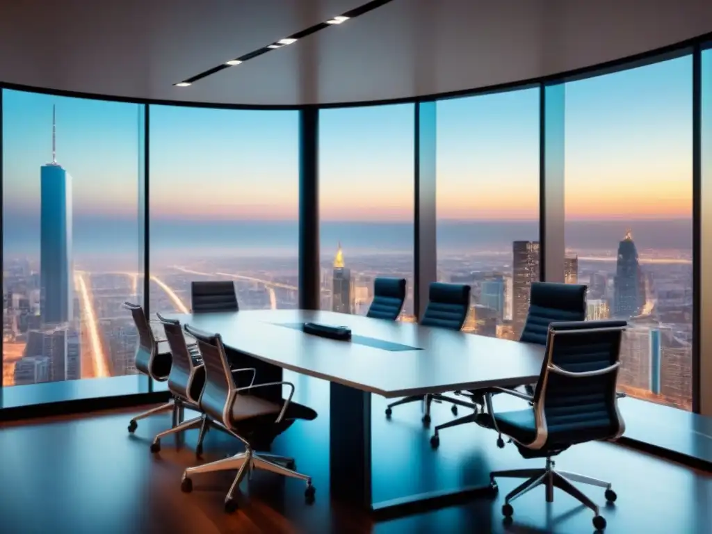 Oficina ejecutiva moderna con vista panorámica y profesionales en reunión Reunión de due diligence financiamiento inmobiliario en lujosa sala de juntas moderna con vista a la ciudad y tecnología de punta