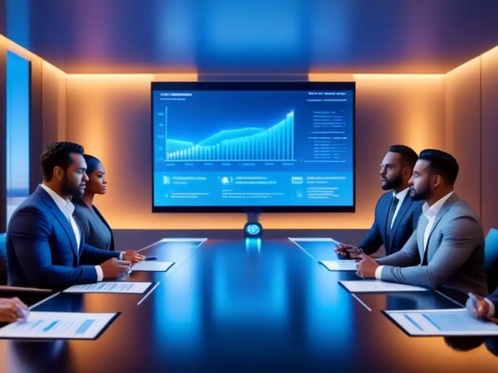 Reunión futurista de profesionales con hologramas financieros Una reunión futurista de profesionales diversos discutiendo planes financieros en una sala con gráficos holográficos, bañados en luz azul