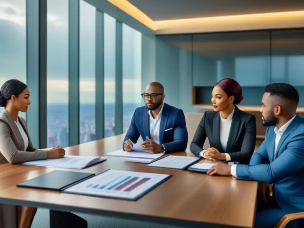 Reunión financiera inclusiva en oficina moderna Una reunión inclusiva y colaborativa en una oficina moderna, simbolizando el acceso al crédito en inmobiliaria