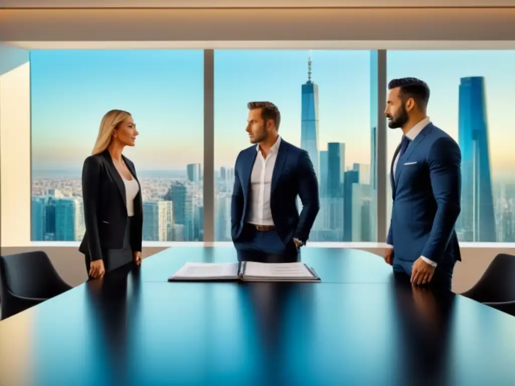 Reunión de sindicación inmobiliaria: profesionales colaborando en sala de juntas con vista a la ciudad